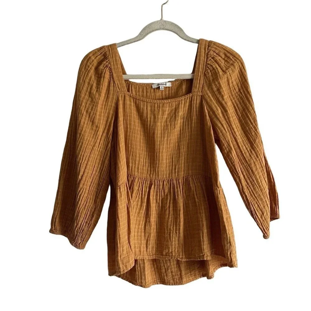 Madewell Women XS Gold Windowpane Lightspun Millbrook Puff-Sleeve Peplum Top - Picture 3 of 9
